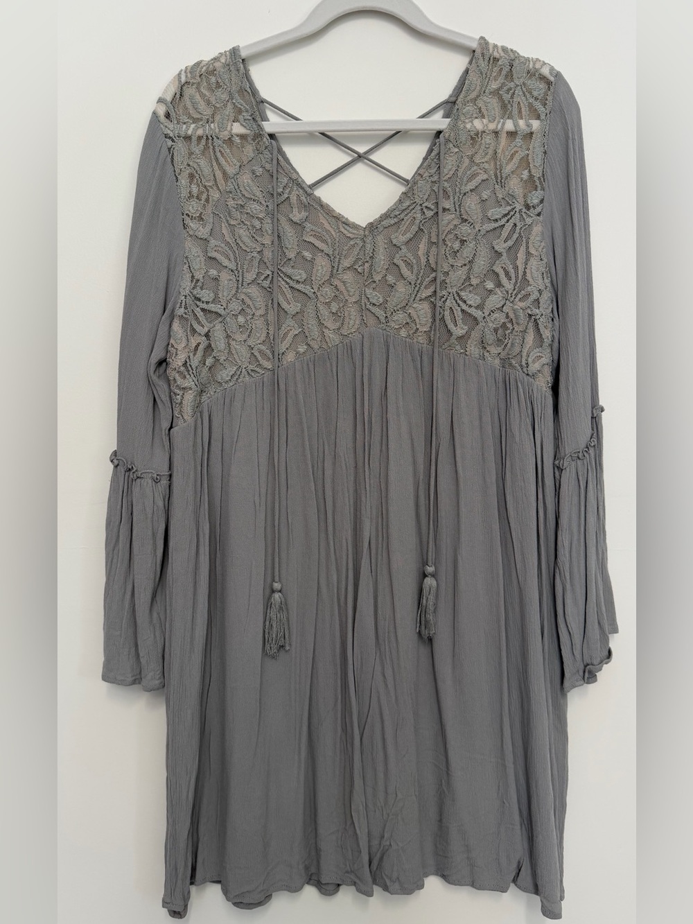 Altar'd State Gray Lace Yoke Crinkle Mini Dress with Tassel Ties